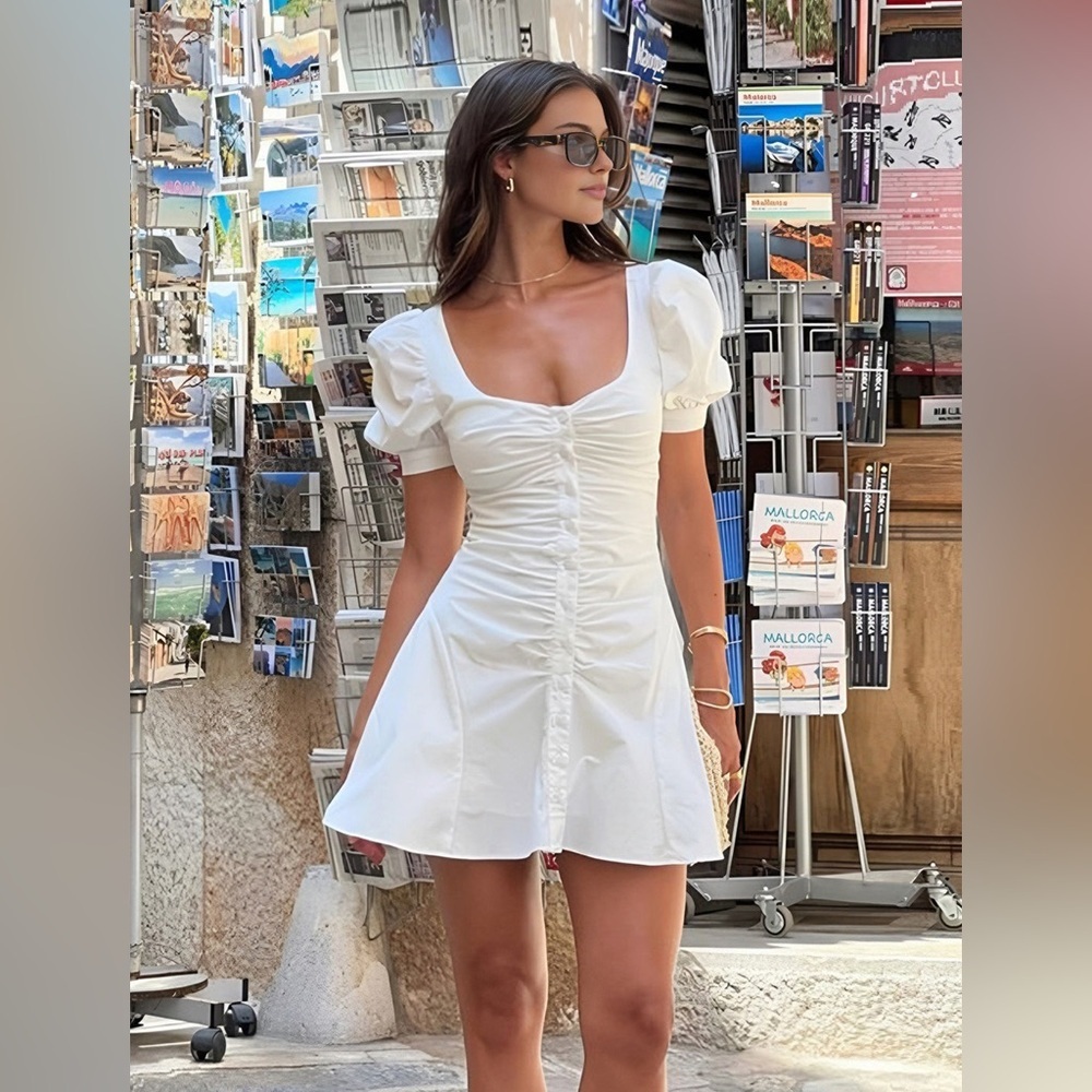 Commense White Ruched Puff-Sleeve Mini Dress